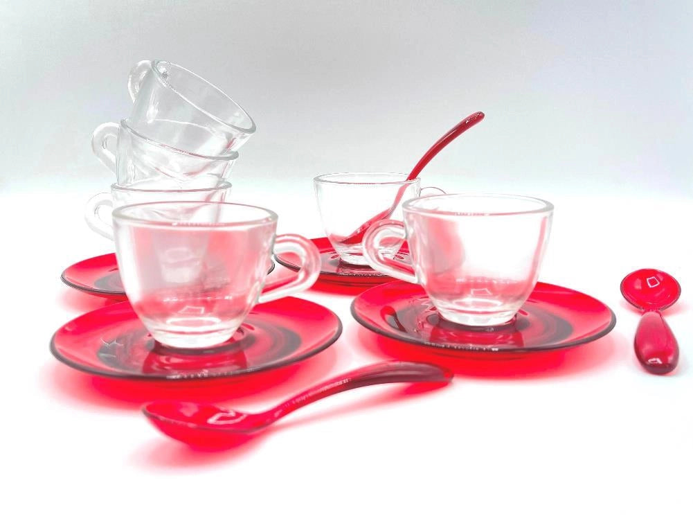 Set 6 Tazze Tazzine caffe' in vetro con piattini e cucchiaini in plastica rosso