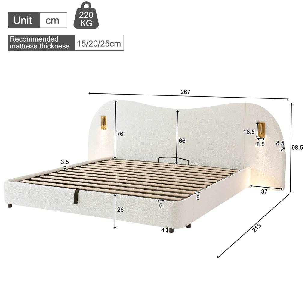 Letto matrimoniale contenitore con alzata idraulica; USB e luci; in bouclé bianco
