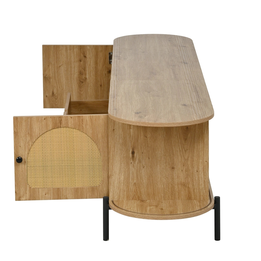 Mobile TV Ovale con Ante Scorrevoli in Rattan e Cassetto ¨C MINIMAL ¨C Legno e Metallo
