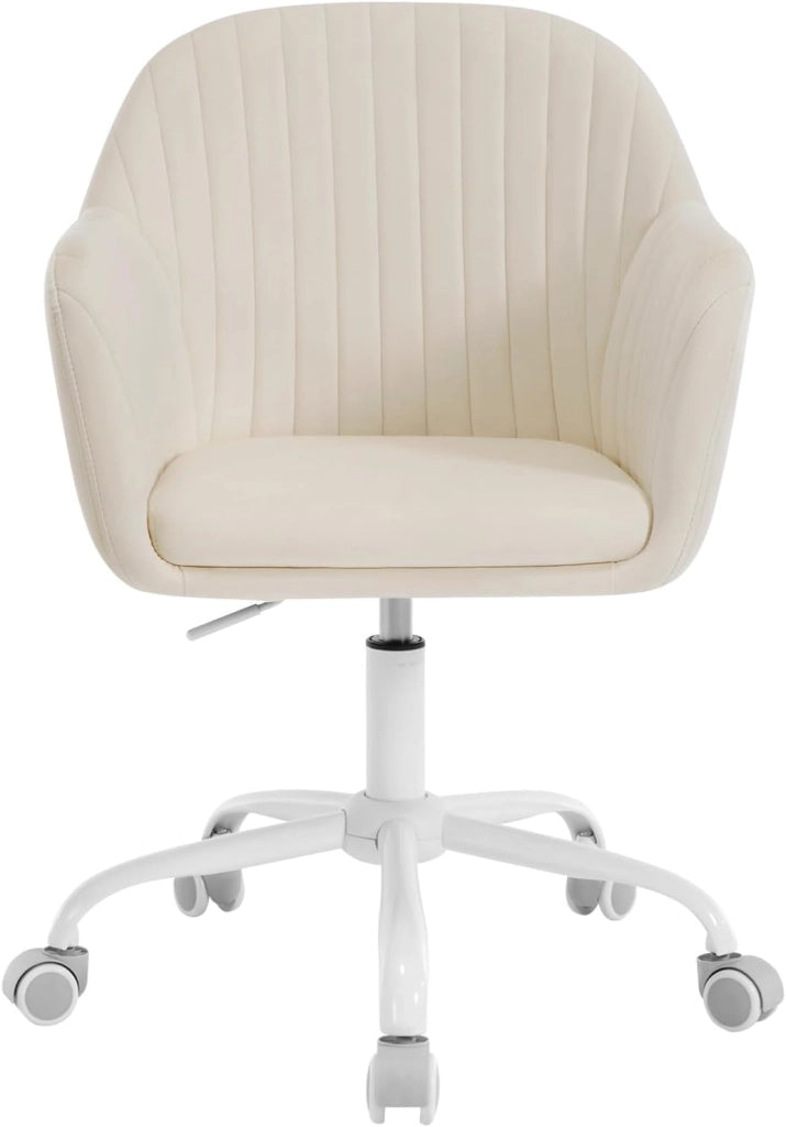 Poltrona Ergonomica da Ufficio, Sedia da Toeletta Girevole, in Velluto Imbottita, Regolabile in Altezza per Ufficio e Camera da Letto, Crema