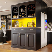 OKWISH Credenza da Cucina Alta con 3 Ante e 3 Cassetti, Ripiani Regolabili, LED, per Cucina, MDF, Nero, 120×40×180 cm