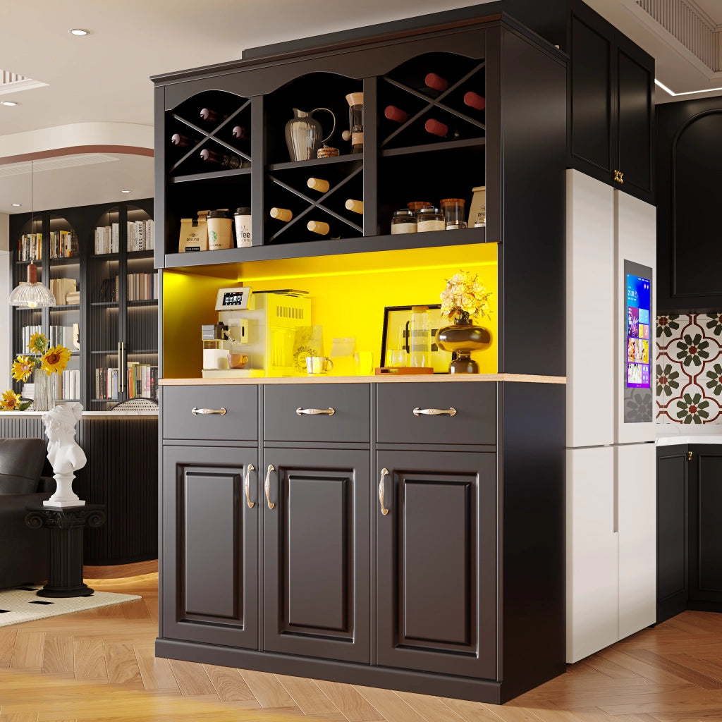 OKWISH Credenza da Cucina Alta con 3 Ante e 3 Cassetti, Ripiani Regolabili, LED, per Cucina, MDF, Nero, 120×40×180 cm
