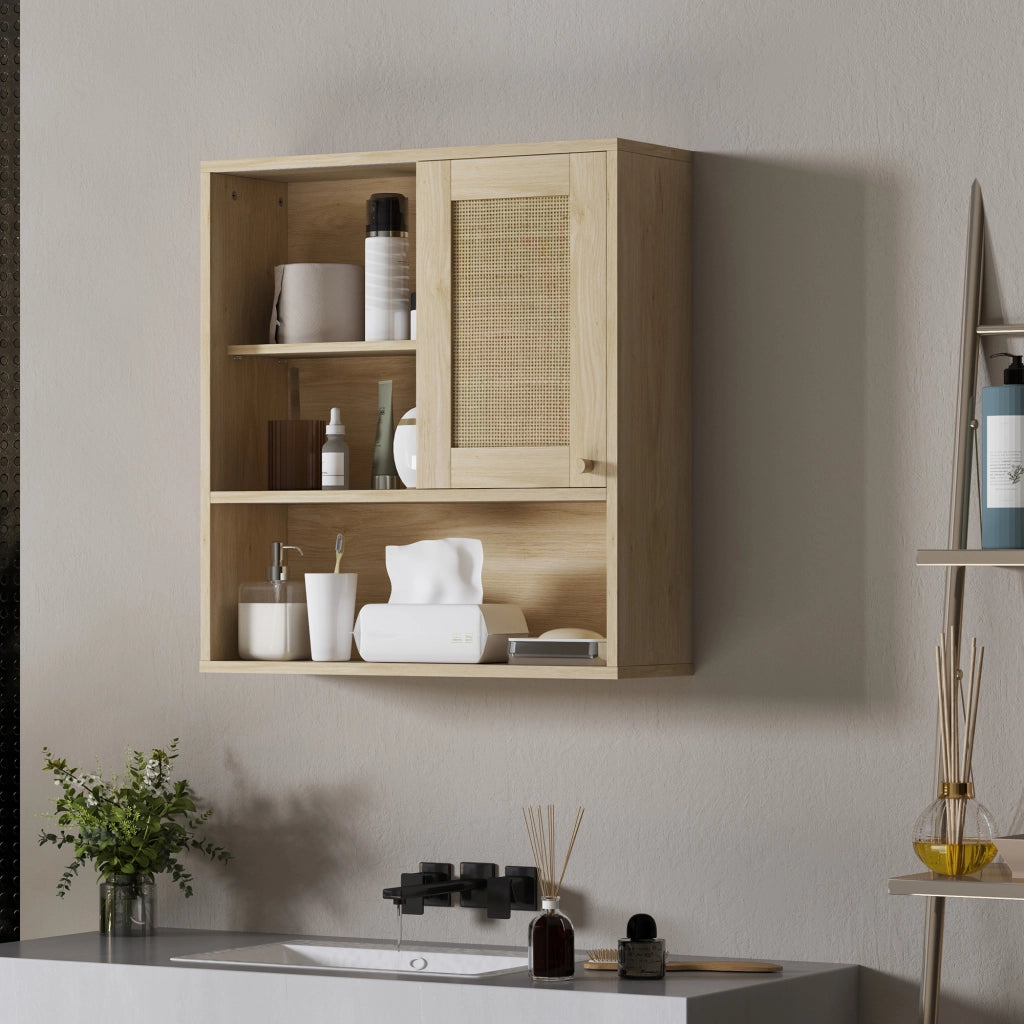 Armadio da bagno con ante scorrevoli e ripiani aperti ¨C zephmum ¨C legno naturale