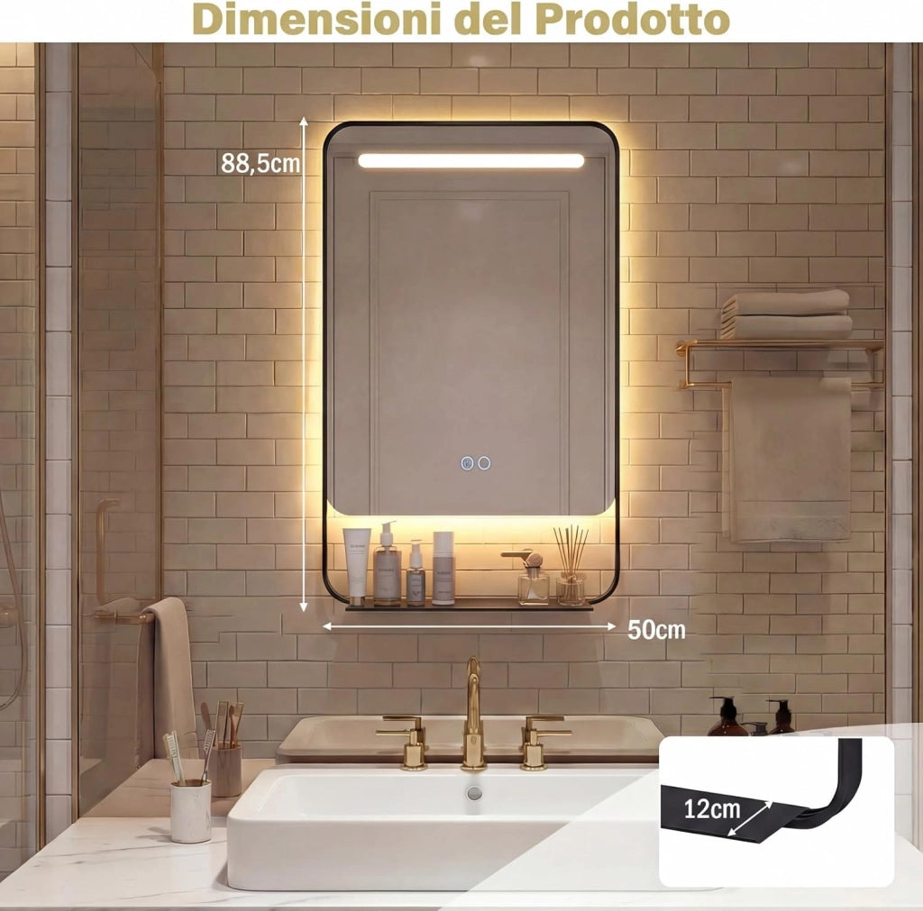 Specchio da Bagno LED 80 x 60 cm con Mensola, Specchio da Trucco con Cornice in Alluminio, Funzione Antiappannamento, 3 Colori di Luce e Luminosità Regolabile, Specchio da Parete