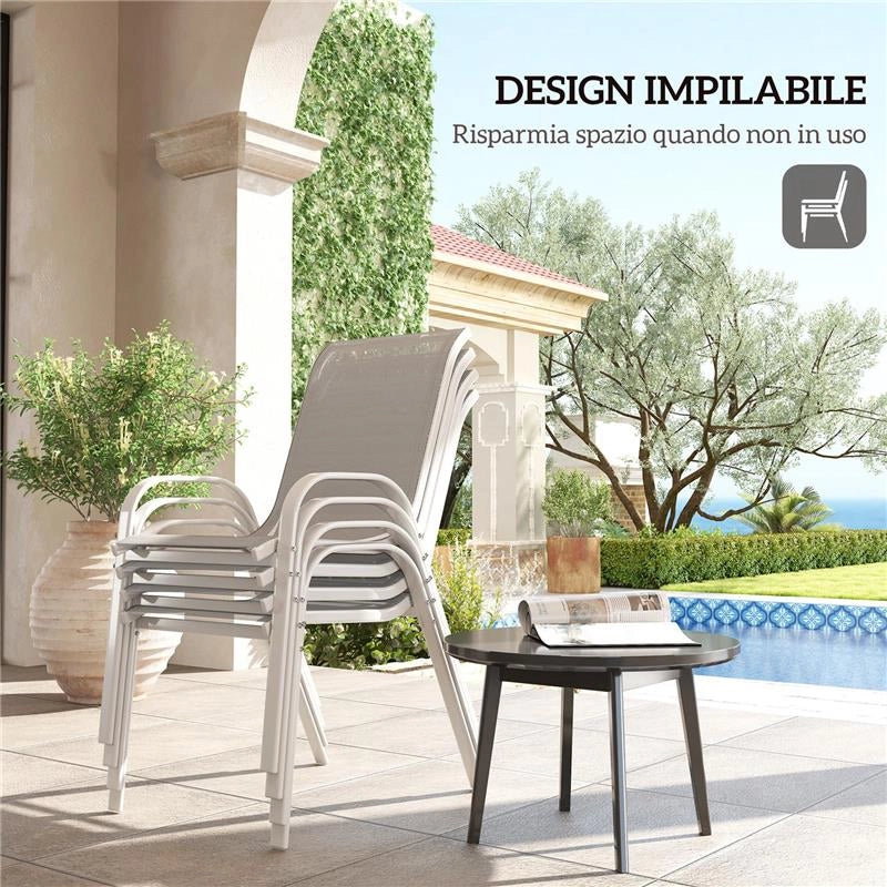 SET 4 SEDIE DA GIARDINO IMPILABILI CON BRACCIOLI CURVI, IN ACCIAIO E TESSUTO TRASPIRANTE, 54X71X93 CM, GRIGIO BIANCO