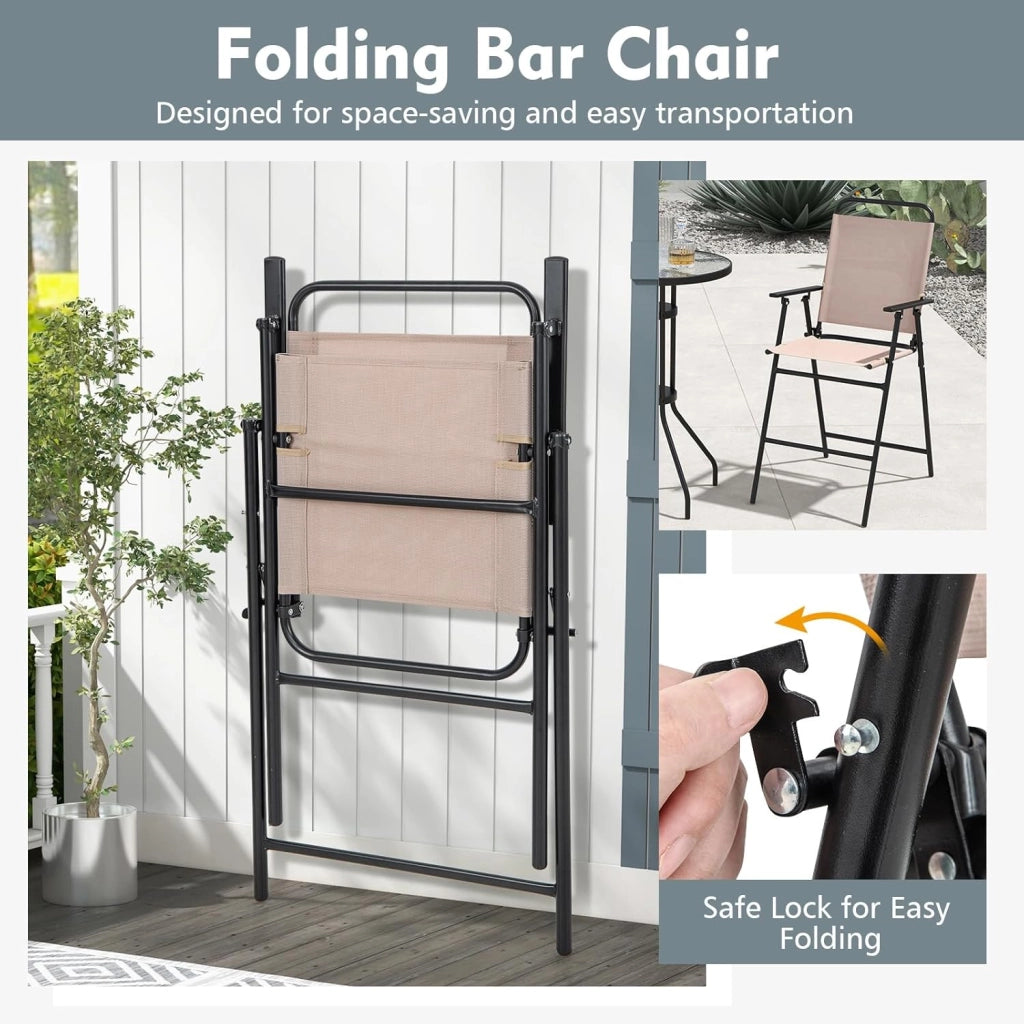 Set da bistrò, tavolo rotondo alto con piano in vetro e 2 sedie pieghevoli, tessuto traspirante, set di mobili per 2 persone, per balcone, terrazza, giardino (senza ombrellone)
