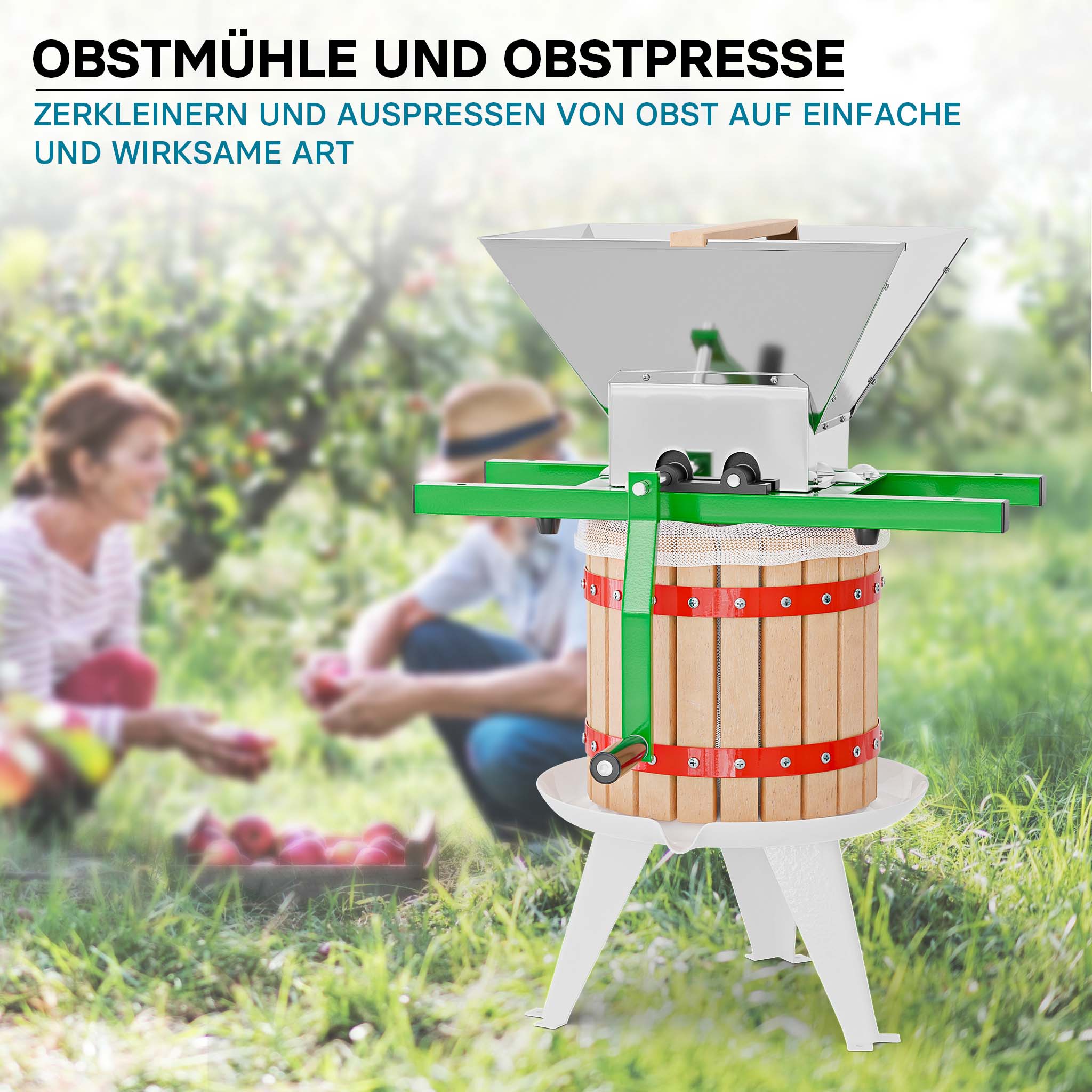 Set Mulino macina frutta 7 l e Torchio frutta 12 l con gabbia in legno e scacco di spremitura