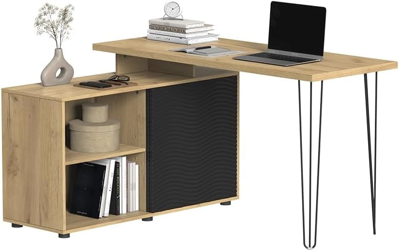 Scrivania angolare Notivo, Nero, 135 x 55 cm con schedario, adatto per ufficio domestico e studio