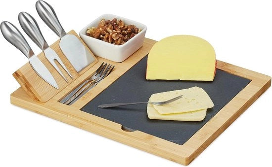 Tavolo per formaggi a 3 pezzi - 4 forchette da servizio - piatto di bambù - tavolo da aperitivo naturale/nero - servizio di formaggi elegante