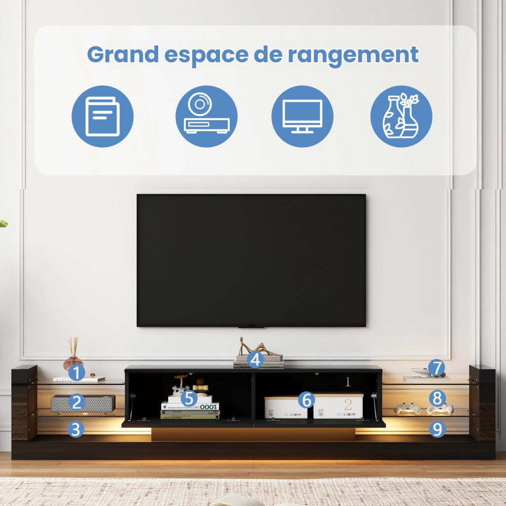 Mobile TV con 2 Cassetti a ribalta e LED per Soggiorno in Pannelli di Particelle 181×38×38 cm Nero