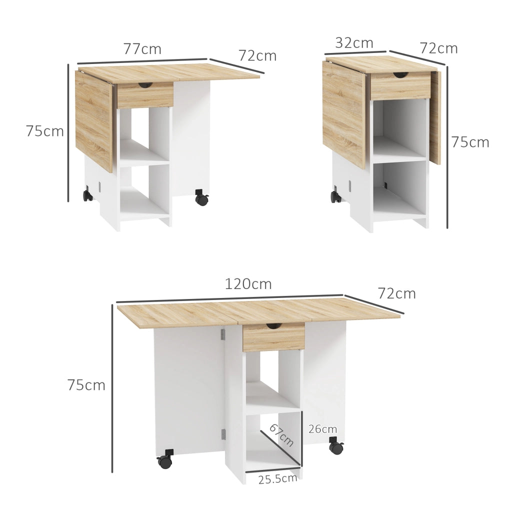 Tavolo da Pranzo Salvaspazio Pieghevole a Ribalta 120x72x75 cm con Cassetto e Ripiani in Melamina Rovere