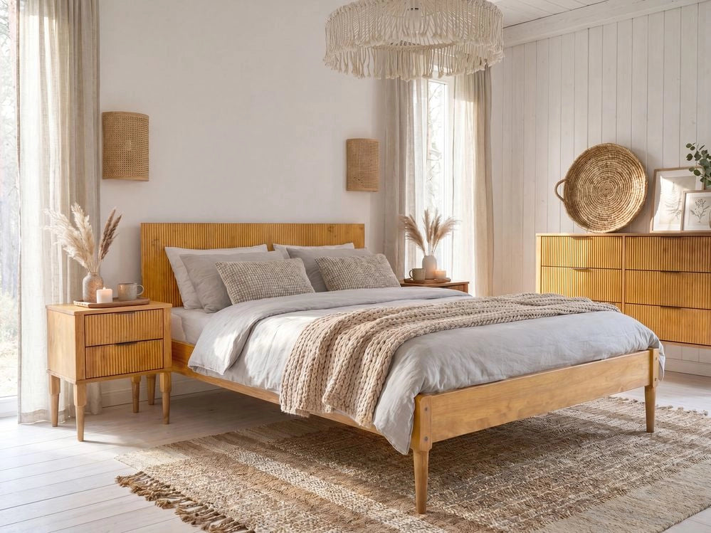 Letto matrimoniale in legno con base a doghe piane e testiera in legno marrone chiaro 140 x 200 cm stile scandinavo naturale