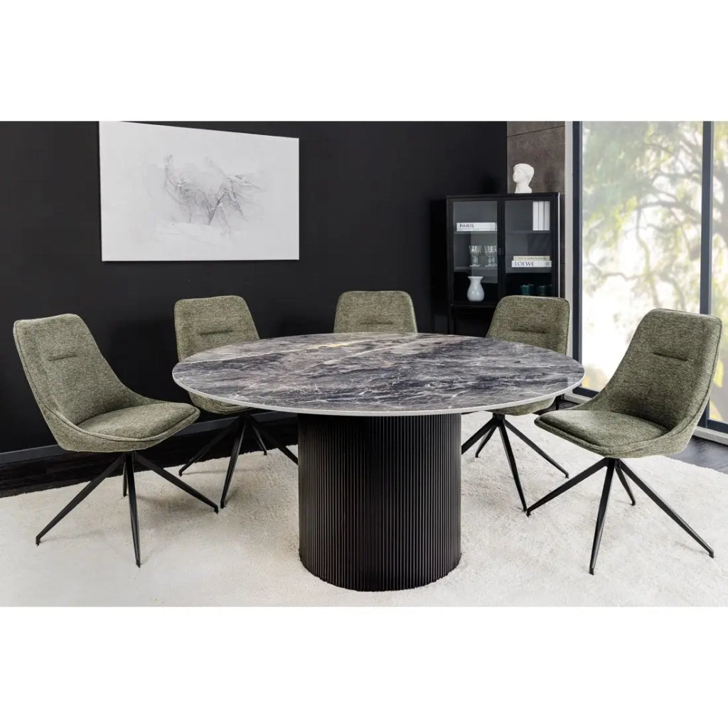 Tavolo da pranzo LUMEA – Rotondo 120 cm – Effetto marmo grigio scuro – Piede centrale largo – Stile contemporaneo
