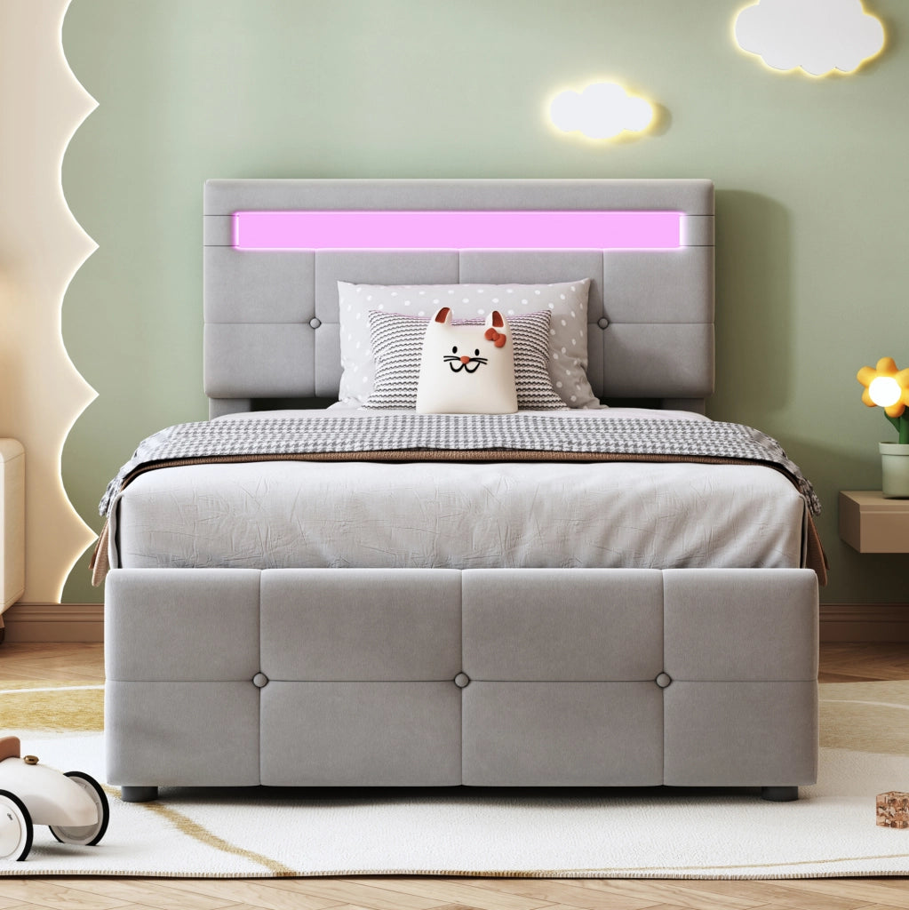 Letto imbottito singolo 90x200 cm con LED; contenitore idraulico e testiera regolabile; velluto grigio
