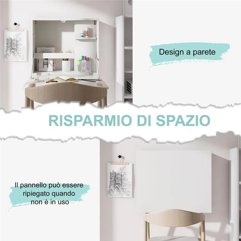 SCRIVANIA A MURO PIEGHEVOLE E SALVASPAZIO CON RIPIANI 60X21.5X50 CM BIANCO