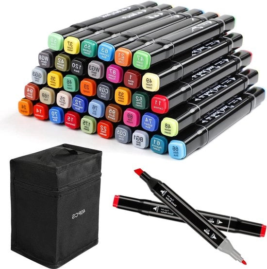 Set di Pennarelli Grafici Premium a Doppia Banda con 40 Colori Neri e Tasca Portatile