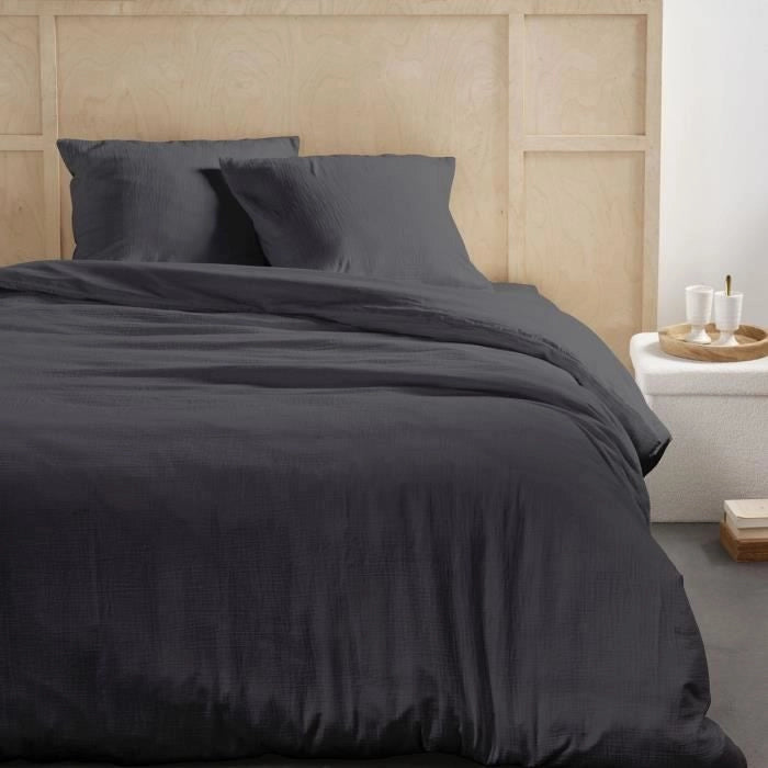 Completo letto - TODAY - 123324 - 2 persone - 260x240 cm - Garza di cotone tinta unita - Antracite