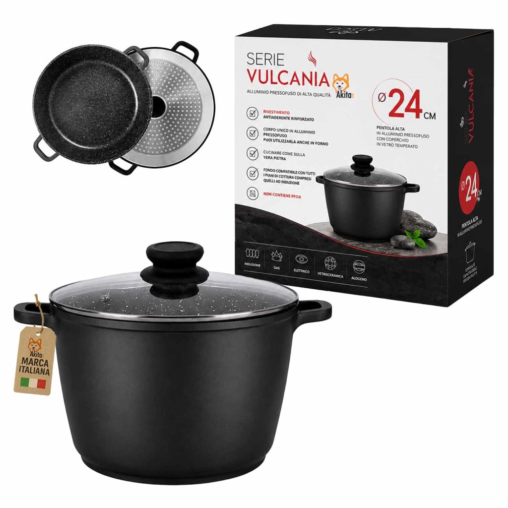 Akitaink Pentola Alluminio Pressofuso Coperchio Vetro 24 cm