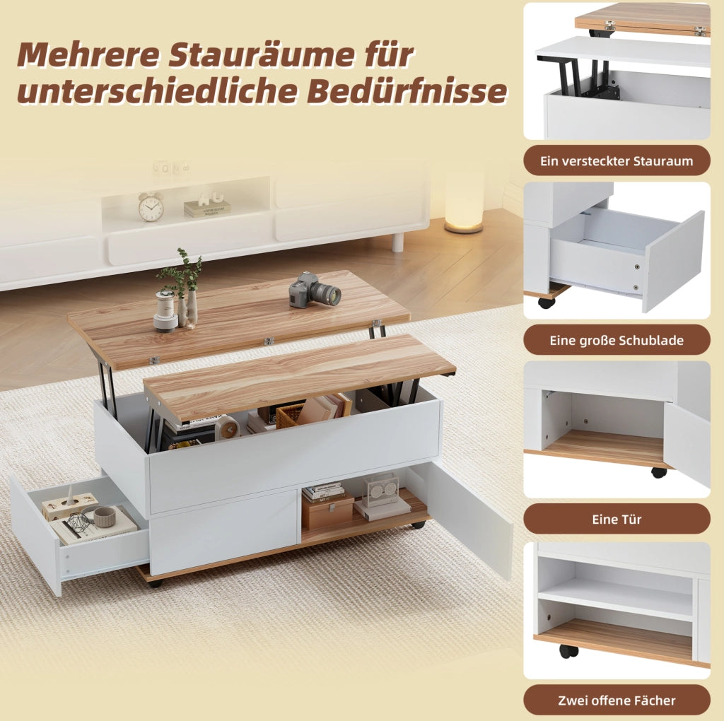 Tavolino da salotto rialzabile 100 x 98 x 65 cm in truciolare; bianco e effetto legno naturale