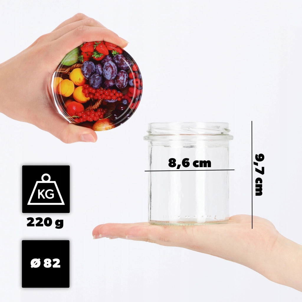 Barattoli di vetro KADAX Avila 350ml 50pz 82mm + coperchi "Frutta"