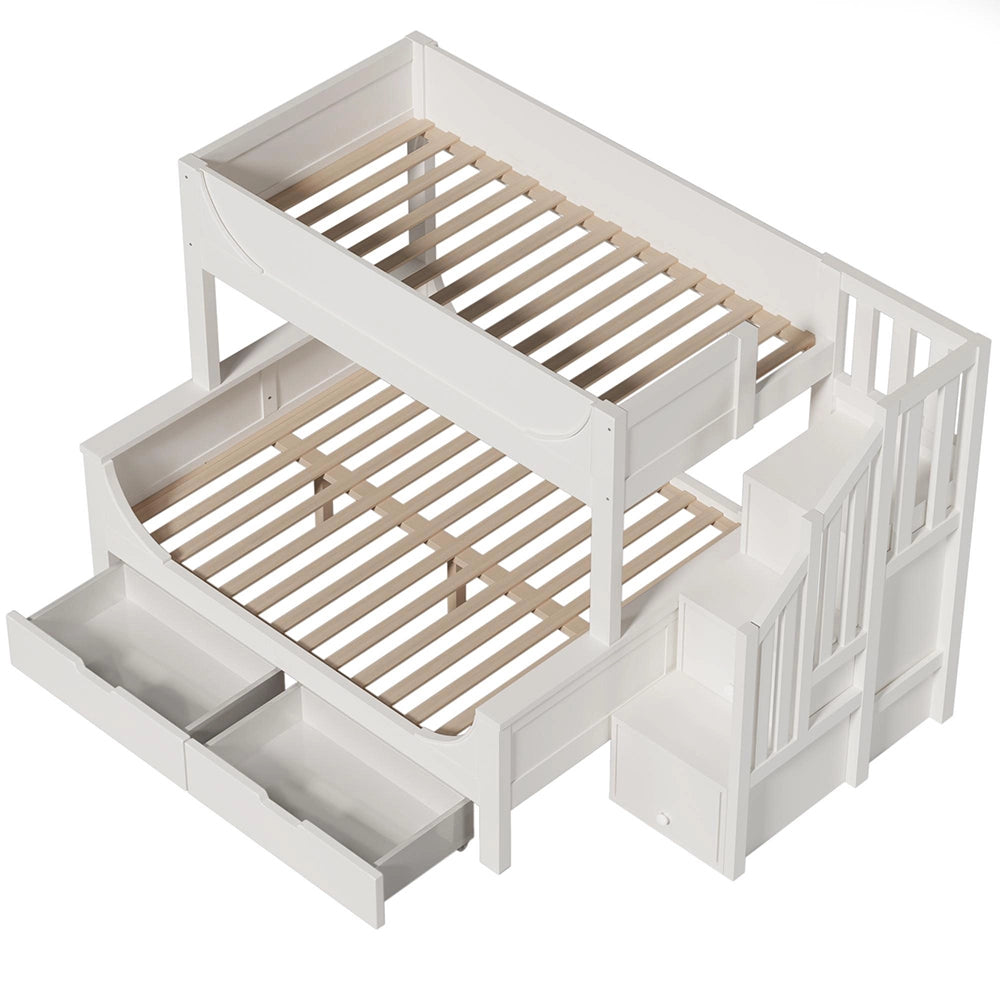Letto a castello-Xylo-90x200+140x200cm, scala, cassetti, design slitta, bianco