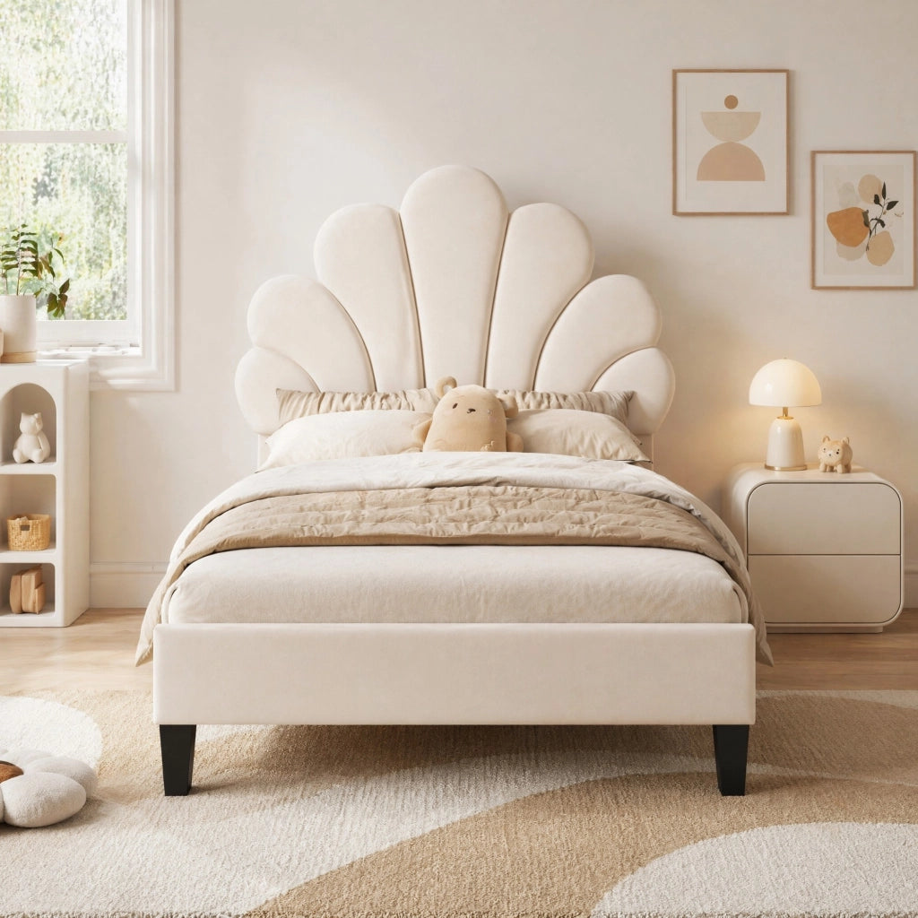 Letto imbottito 90x200 cm con testiera a forma di fiore; velluto beige