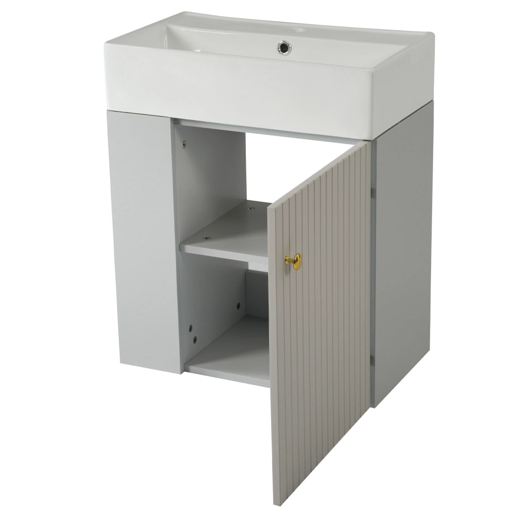 Mobile sottolavabo con lavabo in ceramica lucida, vani laterali e chiusura ammortizzata, per bagno, grigio e bianco