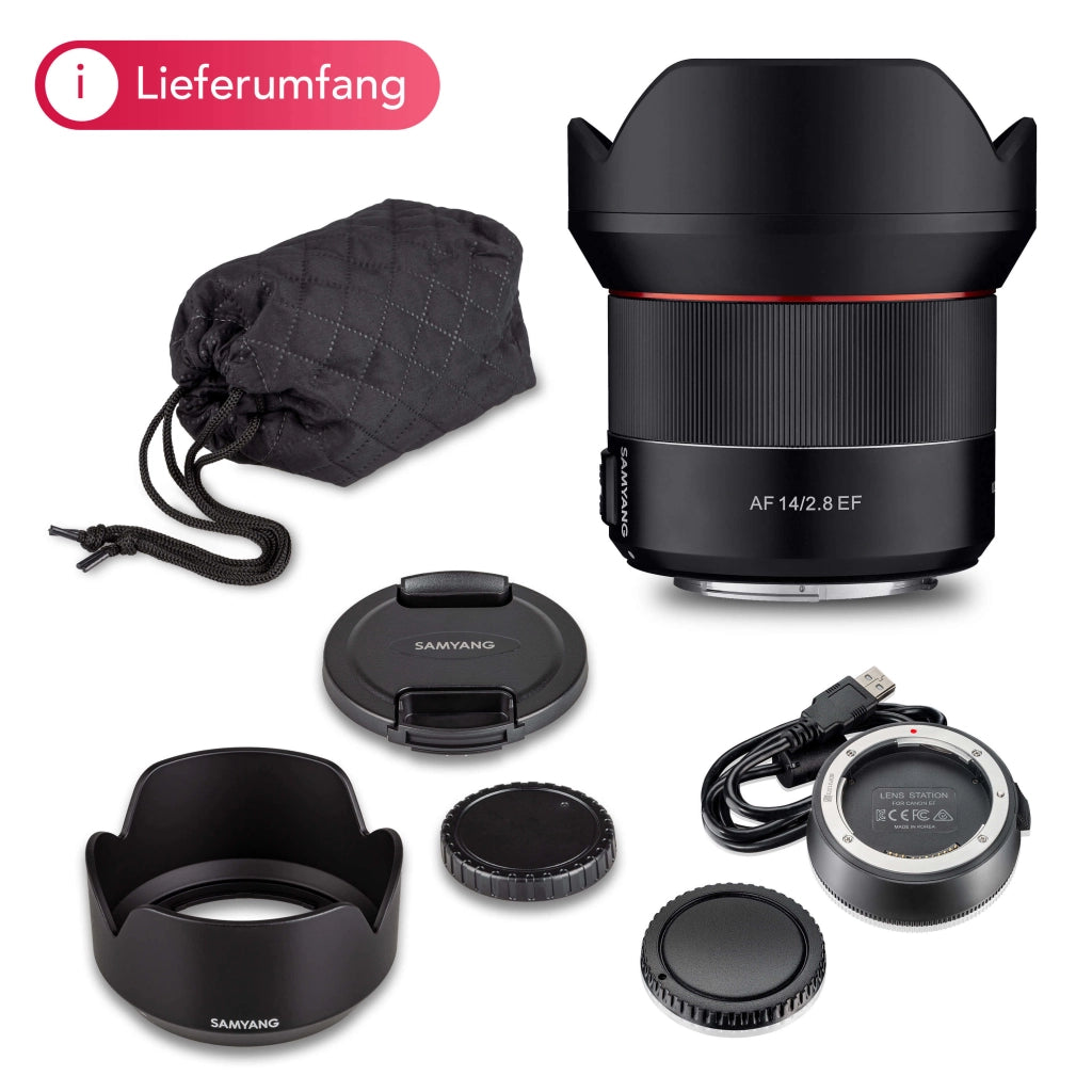 Obiettivo grandangolare 8008 AF 14mm F2,8 per Canon EF e Lens Station – angolo di campo 116,6° e autofocus – Grandangolo full-frame per fotocamere APS-C
