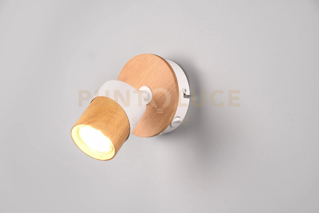 ARUNI SPOT SINGOLO ORIENTABILE METALLO BIANCO E LEGNO NATURALE H. 13,5CM 1 LUCE ATTACCO GU10