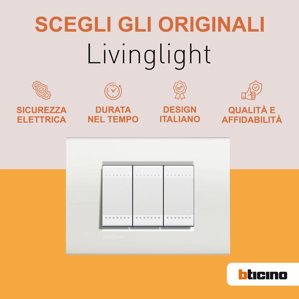 Bticino livinglight placca quadra 3 moduli in tecnopolimero *** colore bianco opaco, numero posti 3 posti, confezione 1