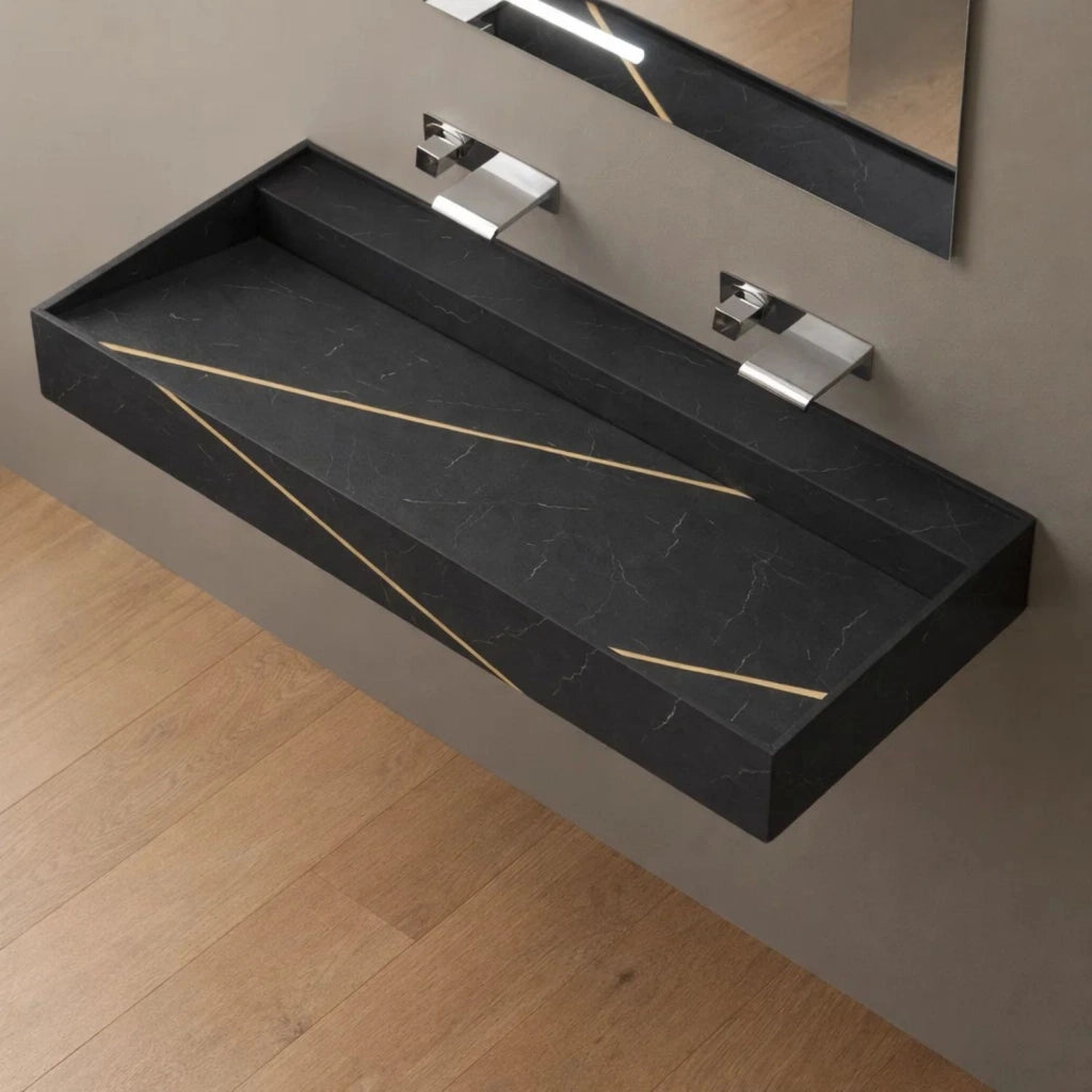 Lavabo consolle sospeso modello freya in artificial stone nero e nocciola venato *** finitura- nero, confezione 1
