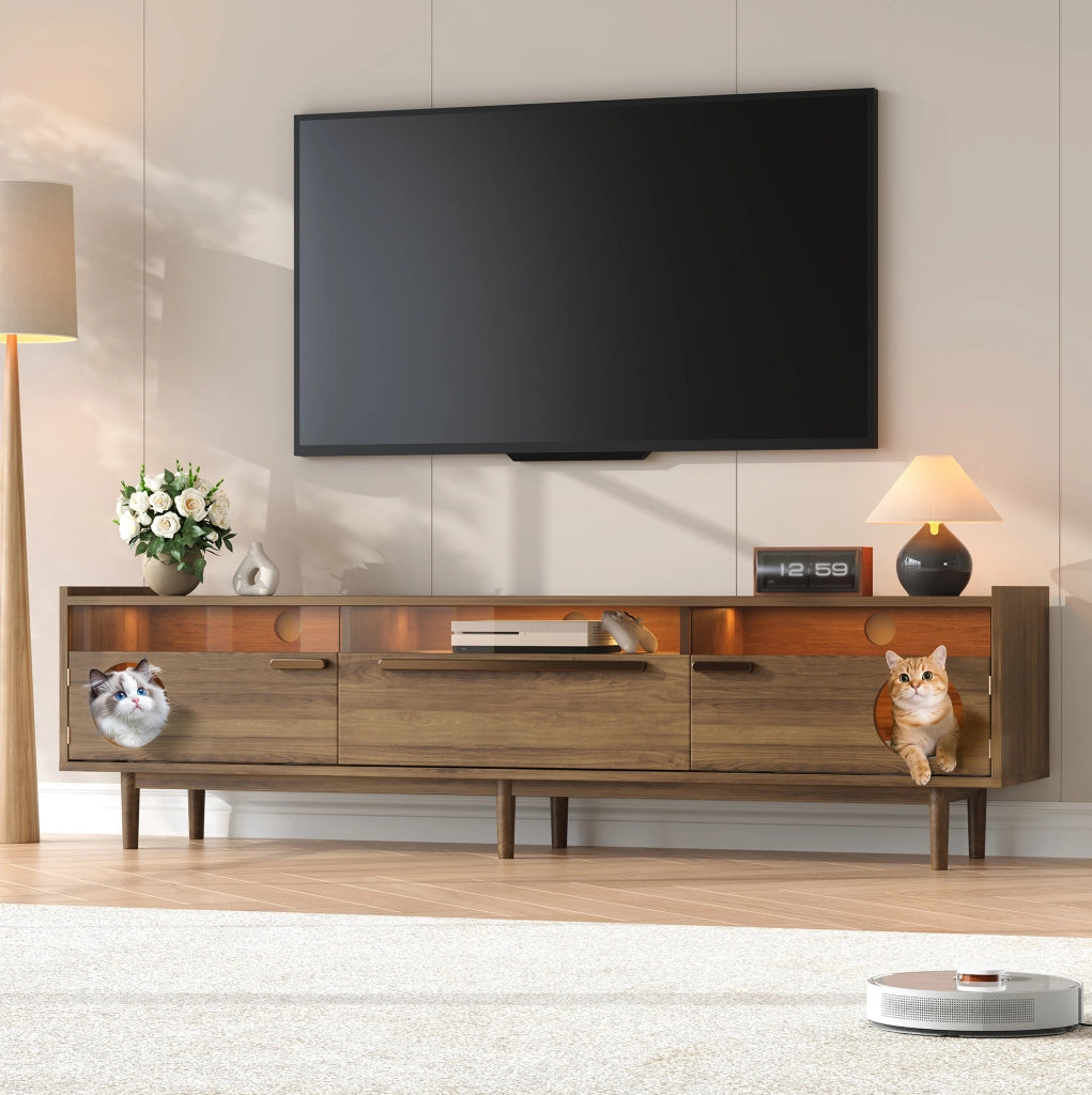 Mobile TV 180x40x50 cm con illuminazione LED e vano per gatti in MDF; noce