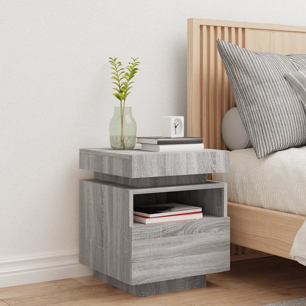 Comodino | Armadio da Notte | Mobiletto da notte con Luci LED Grigio Sonoma 40x39x48,5 cm
