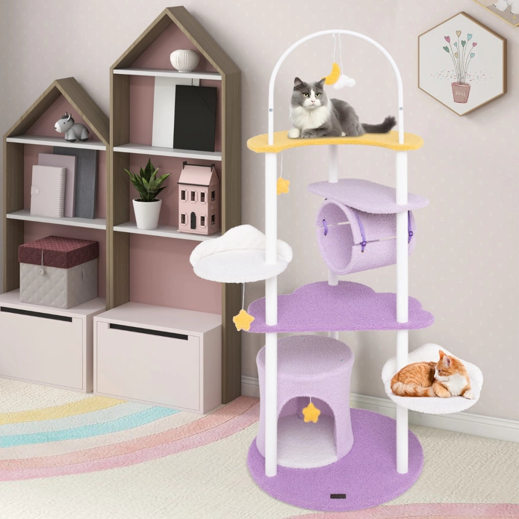 Albero per gatti multi-livello carino con struttura in metallo trespolo superiore, Torre per gatti alta 158cm Viola-Alberi Tiragraffi