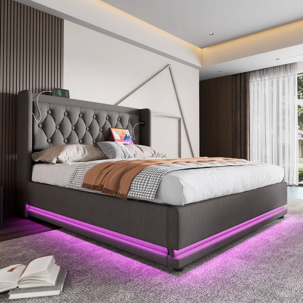 Letti contenitori 140x200 cm; contenitore con LED e USB; cotone; grigio (Senza materasso)