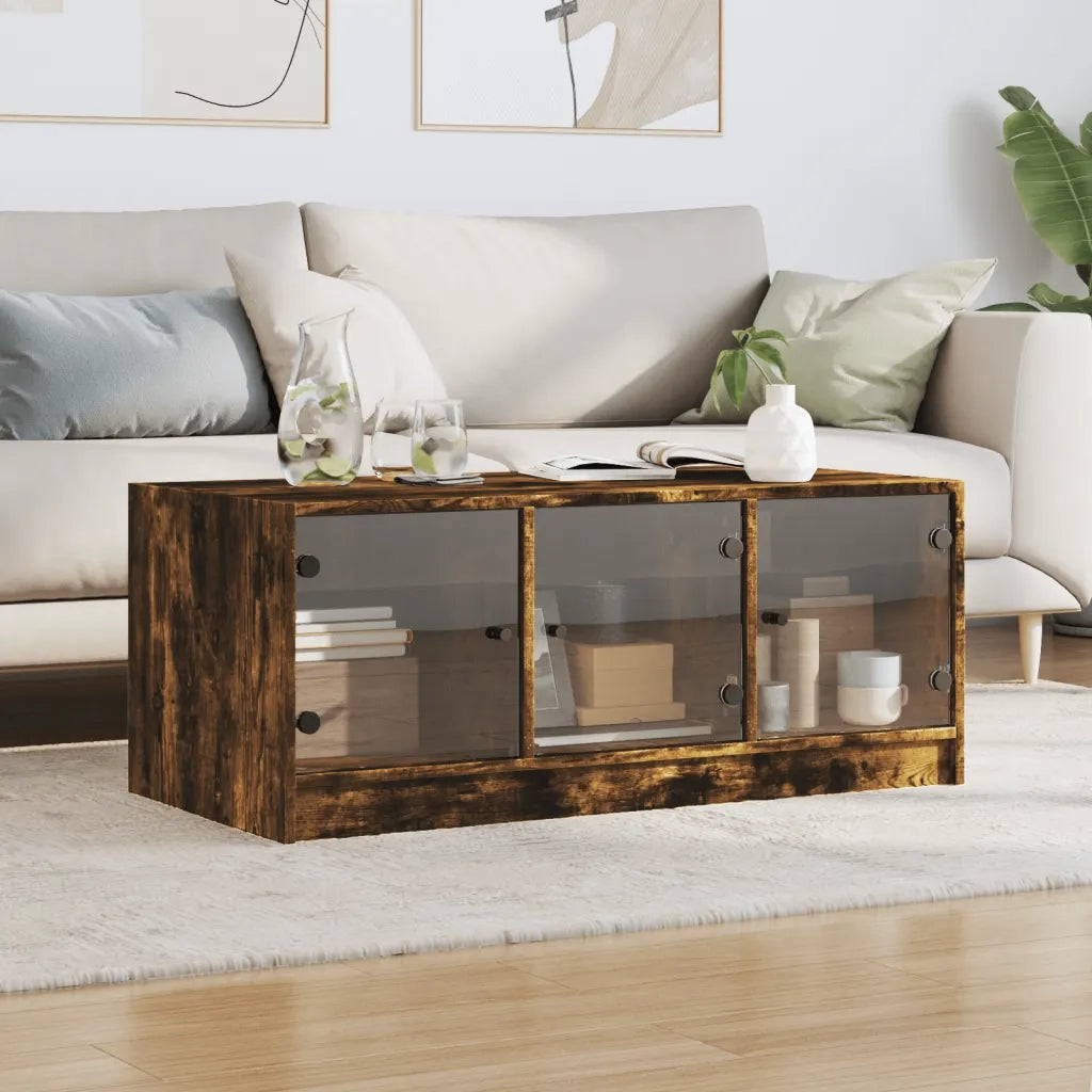 Tavolino da salotto | Tavolino da caff¨¨ | Tavolino da Soggiorno con Ante in Vetro Rovere Fumo 102x50x42 cm