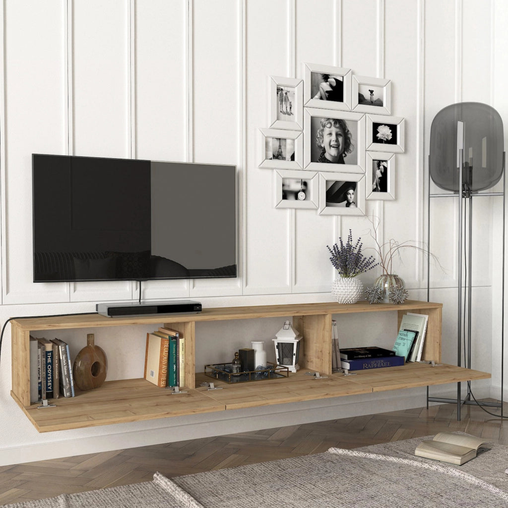 Mobile TV da Parete Vihti con 3 Ante a Ribalta Armadietto Pensile - Effetto Rovere [en.casa]