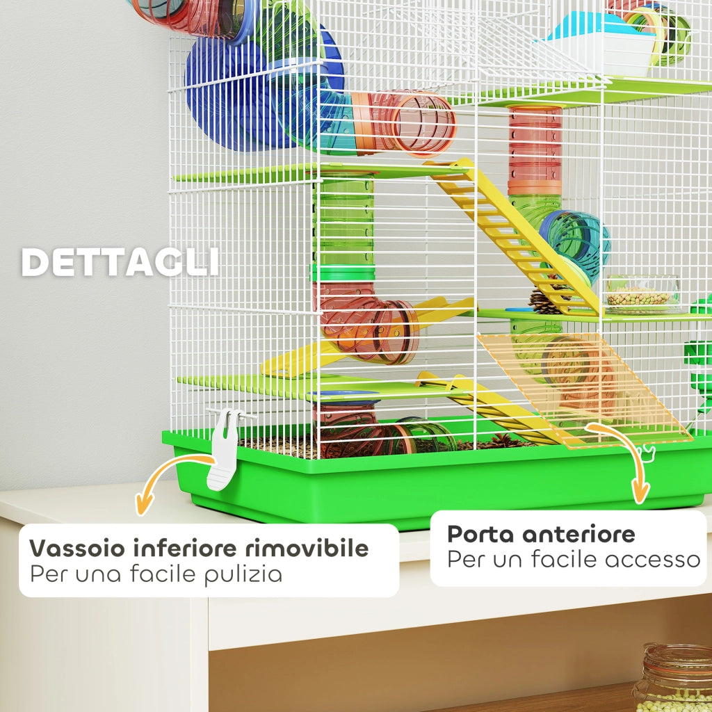 Gabbia per Criceti a 5 Piani con Tubi Colorati, Ruota, Casetta e Accessori, 47x30x59 cm, Verde