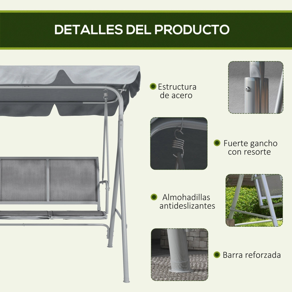 Balancin da Giardino 3 Posti con Toldo ¨C Zephmum ¨C Grigio 171x108x154 cm