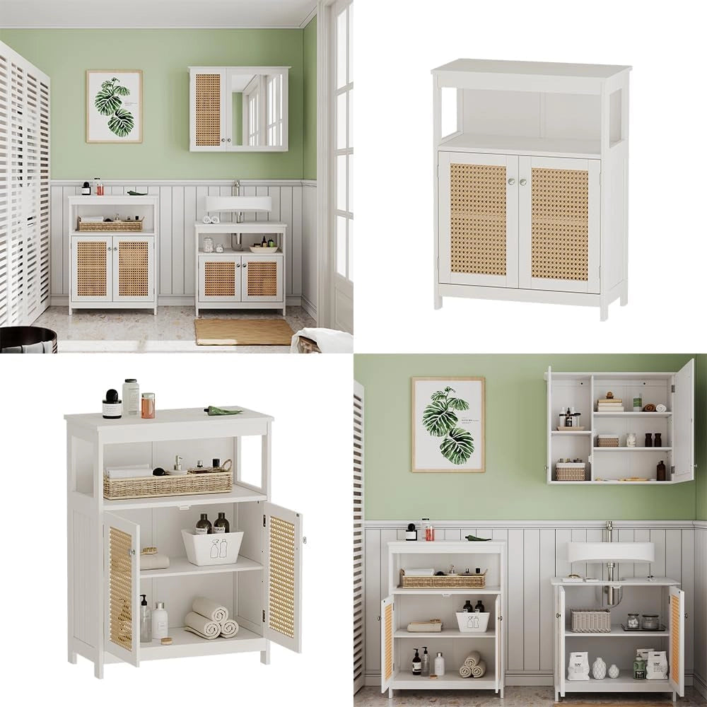 Mobiletto bagno Rosario, Bianco, 60 x 80 cm con ante e vano a giorno, per la conservazione di articoli da bagno e asciugamani