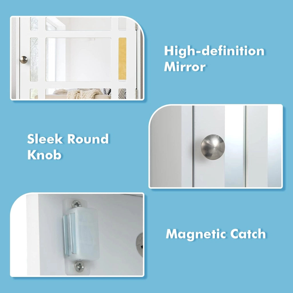 Specchio Bagno con Mensola, Toletta da Trucco Bianco con Specchio con 3 Scomparti e 1 Anta, Armadietto da Parete con Ripiano Regolabile, 48x17x60cm