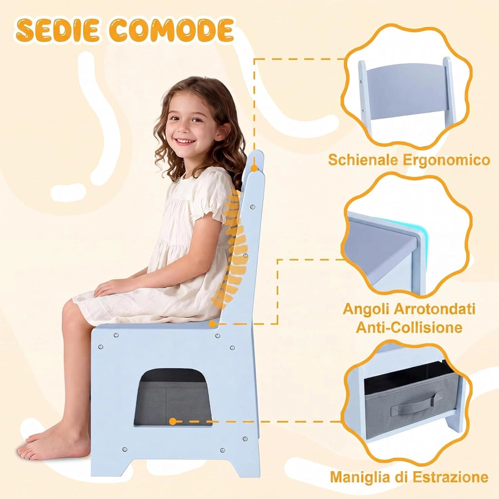 Set Tavolino Bambini con 2 Sedie per 3+ Anni, Tavolo e Sedie 4 in 1 con Lavagna Rimovibile, Librerie e Scatola in Tessuto, Mobile Salvaspazio per Scuola e Cameretta (Blu, Stile 3)