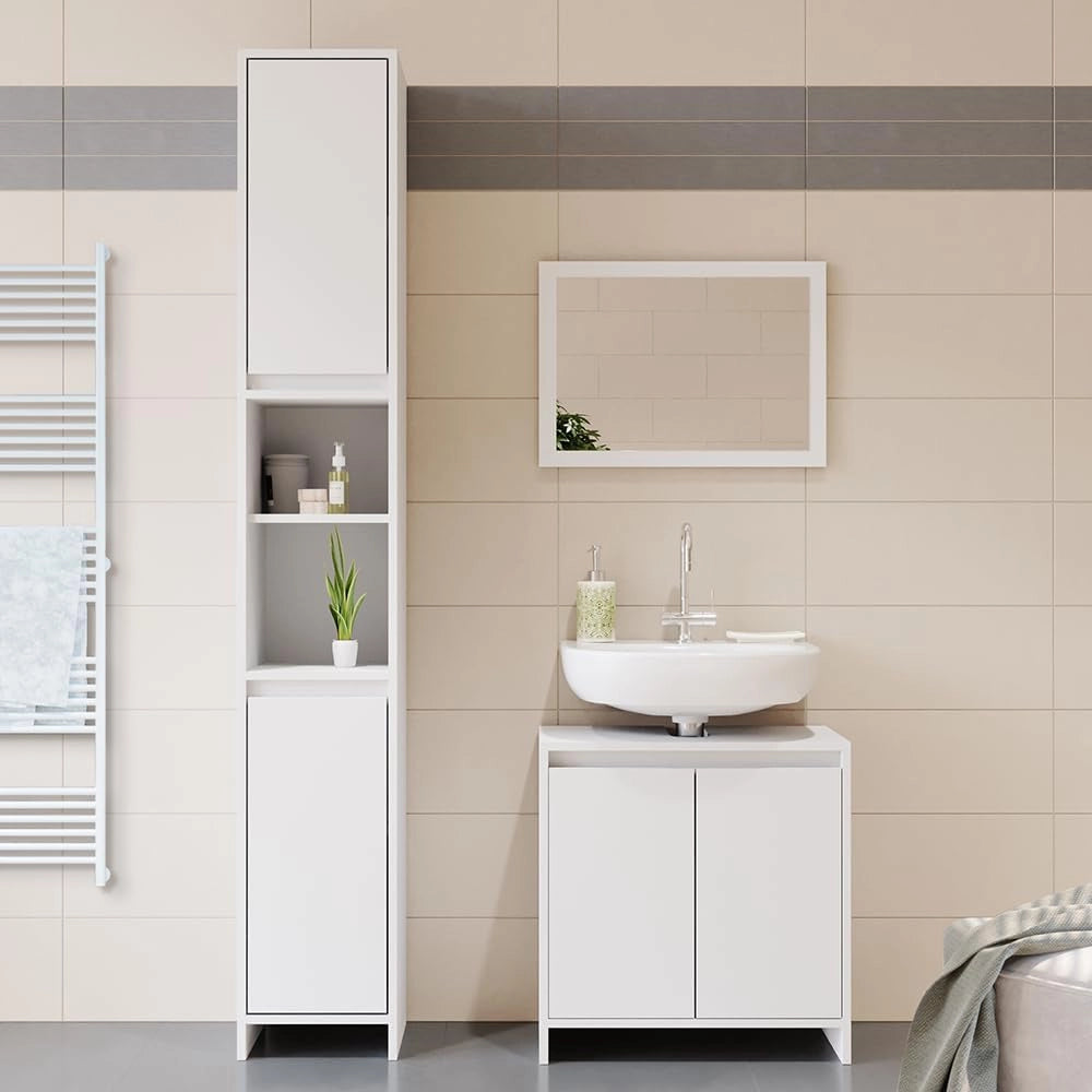 Set di mobili da bagno Emma, Bianco, 58 cm, composto da mobile sottolavabo, specchiera e colonna alta