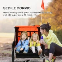 Rimorchio Bici Bambini con 2 Posti, 2 Cinture di Sicurezza, Telaio in Acciaio e Copertura in Tessuto Oxford Arancione