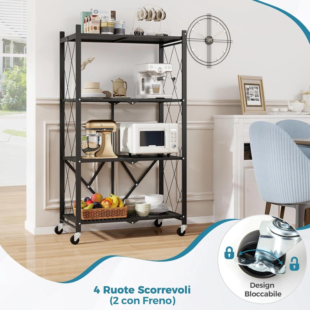 Scaffale di Stoccaggio Pieghevole a 4 Livelli, Carrello di Stoccaggio con Ruote Bloccabili, Unità di Ripiano in Metallo Robusta per Cucina Soggiorno Garage, 71x34x126 cm