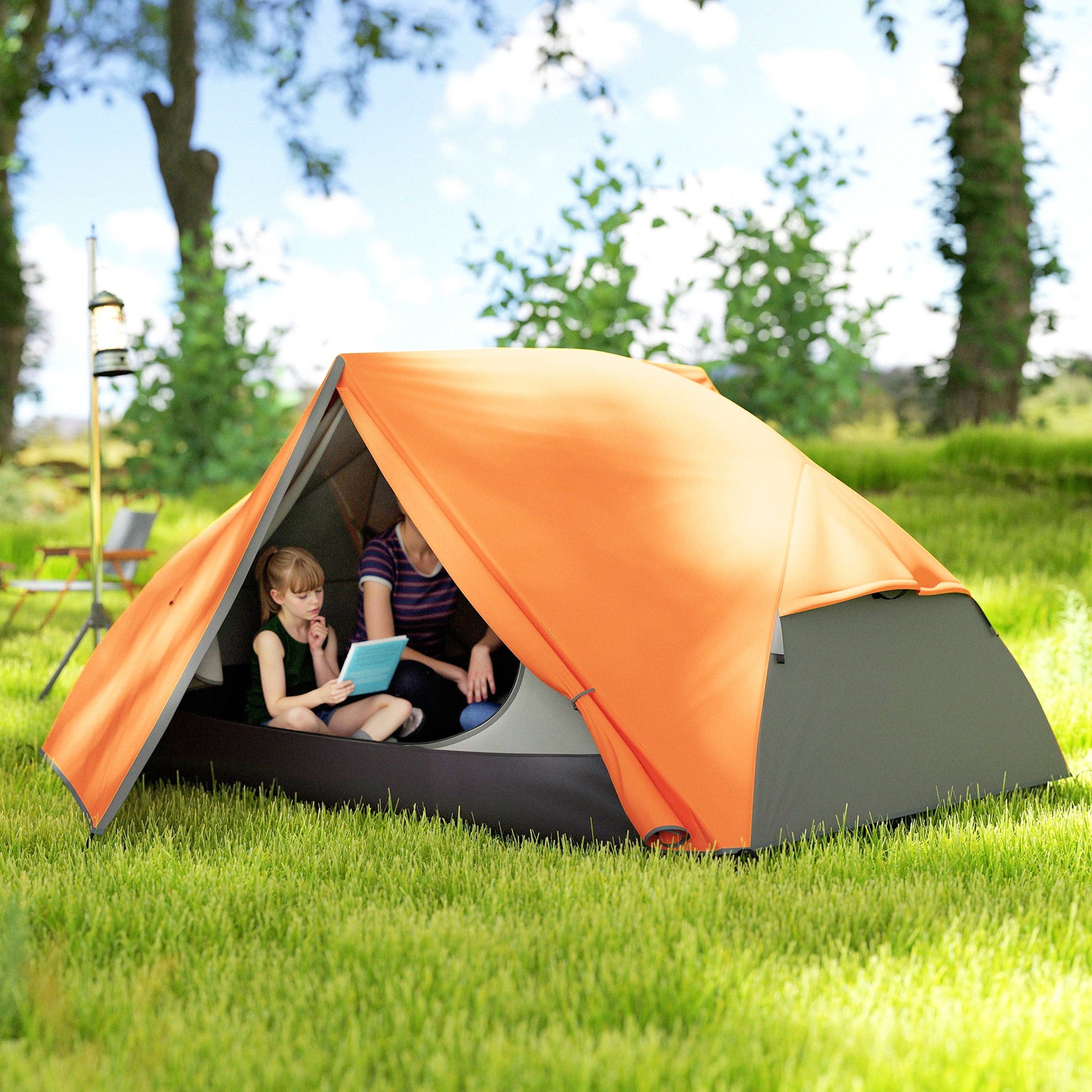 Tenda da Campeggio 2 Posti Impermeabile 280x225x110 cm con 2 Vestiboli e 2 Porte Arancione
