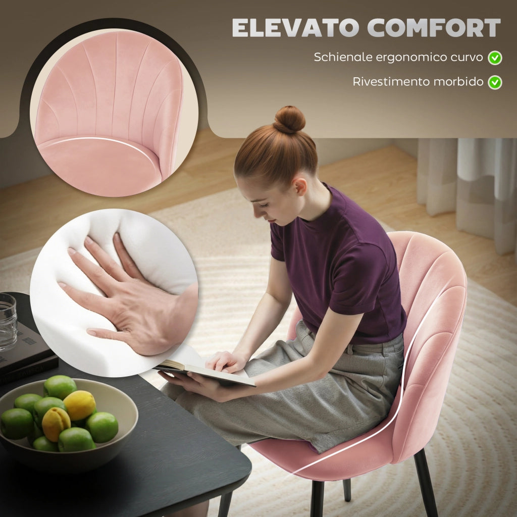 Set 2 Sedie da Pranzo Imbottite con Schienale a Conchiglia in Velluto, 52x55x79 cm, Rosa