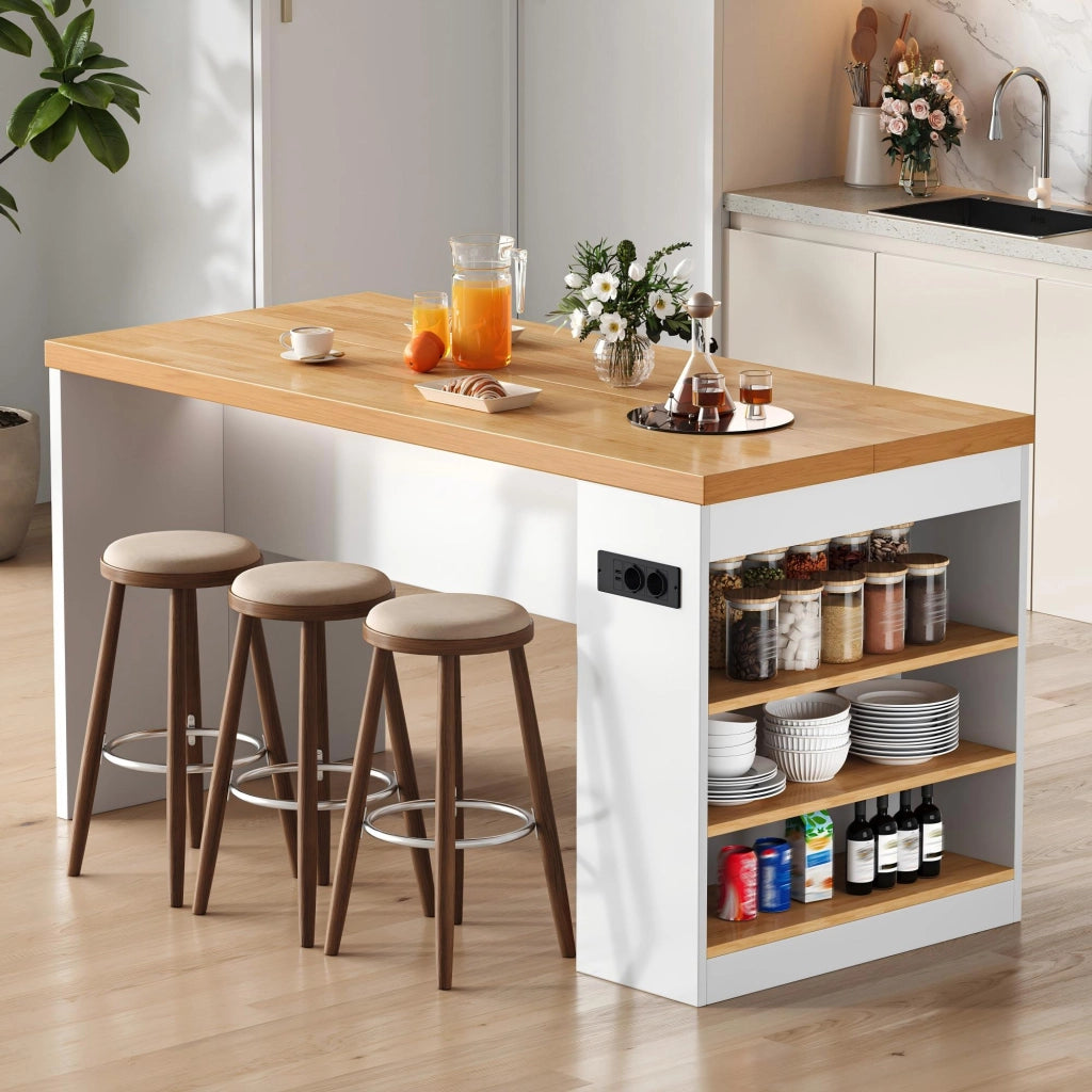 Isola da cucina 155x80x90 cm con LED, prese di corrente e 3 ripiani aperti