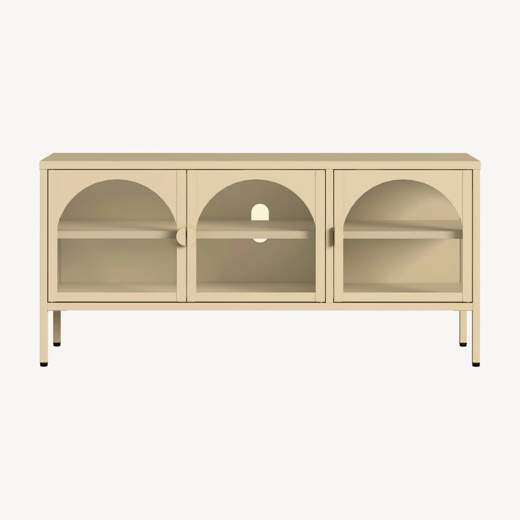 Vetrina Bassa Klippestad a 3 Ante in Vetro Credenza con 4 Scomparti 118 x 35 x 55 cm - Color Cammello [en.casa]