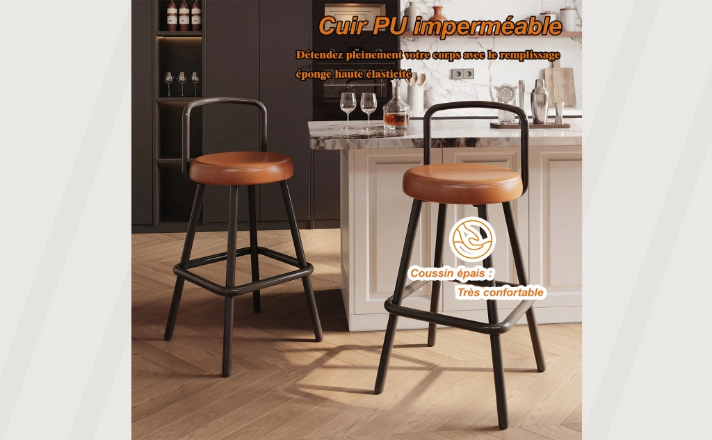Sgabello da bar con schienale ergonomico e seduta imbottita in PU idrorepellente, gambe in metallo marrone